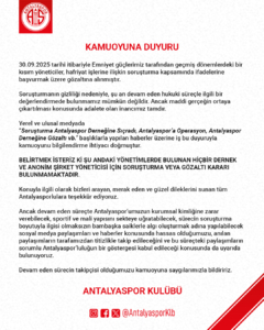 Antalyaspor Kulübü Kamuoyuna Duyuru 30.09.2025
